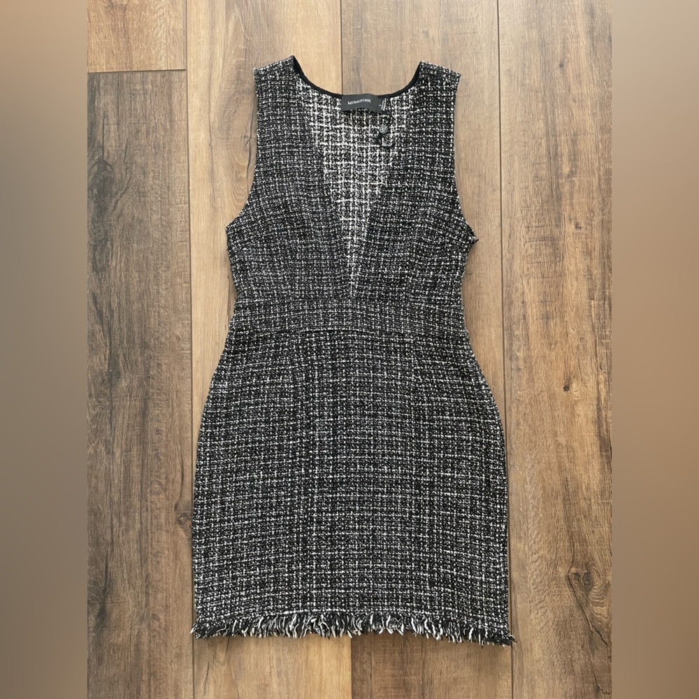 MINKPINK Womens Small Dress Tweed Black & White Plunge Workwear Office Corpcore